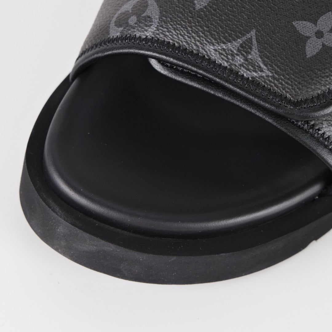 L***V Monogram Eclipse All-Black Velcro Adjustable Wide Strap Miami Slide Sandals — Spring Summer Boutique Limited Edition