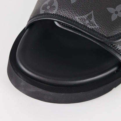 L***V Monogram Eclipse All-Black Velcro Adjustable Wide Strap Miami Slide Sandals — Spring Summer Boutique Limited Edition