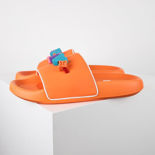 L***V Orange 3D Multicolor Pop Logo Wide Strap Slide Sandals — Spring Summer Boutique Limited Edition