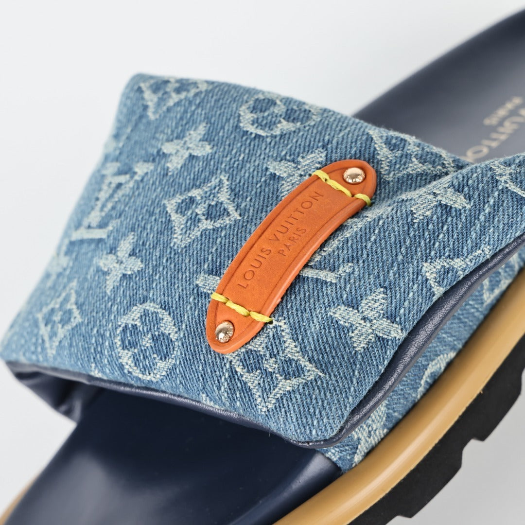 L***V Denim Monogram Double Strap Velcro Slide Sandals — SS24 Wide Band Slip-On Pool Beach Slippers (4 Colors)