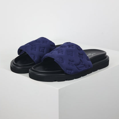 L***V Navy Blue Tonal Monogram Puffy Quilted Wide Strap Platform Slide Sandals — 2024 Spring Summer Boutique Limited Edition