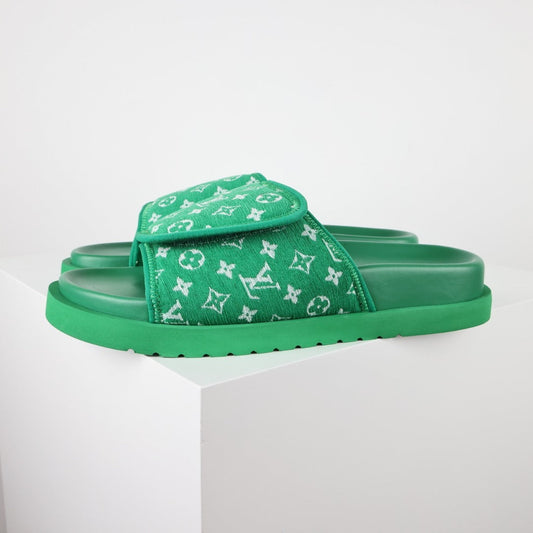 L***V Grass Green Monogram Woven Jacquard Velcro Adjustable Wide Strap Miami Slide Sandals — Spring Summer Boutique Limited Edition
