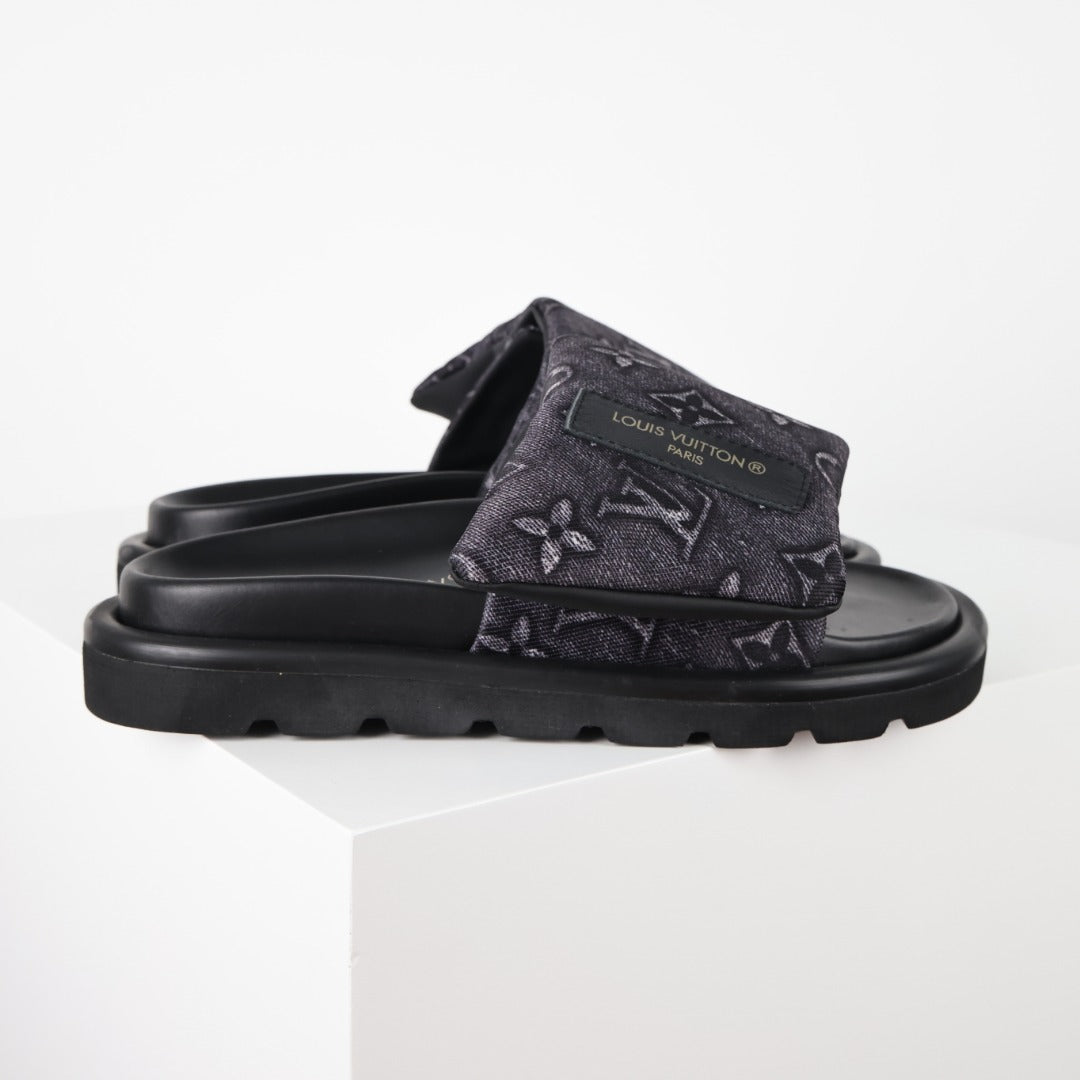 L***V Monogram Embossed Velcro Strap Slide Sandals — All-Black Wide Band Pool Beach Slippers (8 Colors)