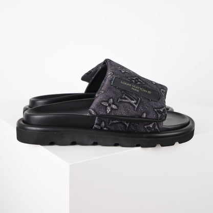 L***V Monogram Embossed Velcro Strap Slide Sandals — All-Black Wide Band Pool Beach Slippers (8 Colors)