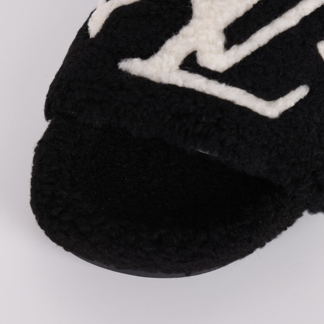 L***V Black White Monogram Shearling Lambswool Fluffy Double Strap Slide Sandals — Autumn Winter Boutique Limited Edition