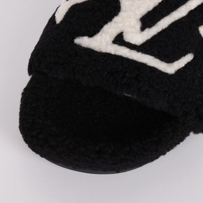 L***V Black White Monogram Shearling Lambswool Fluffy Double Strap Slide Sandals — Autumn Winter Boutique Limited Edition