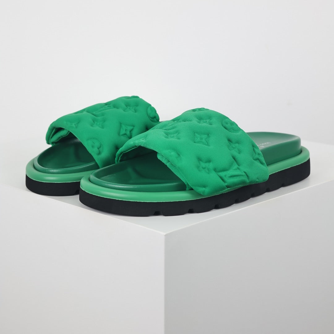 L***V Kelly Green Tonal Monogram Puffy Quilted Wide Strap Platform Slide Sandals — 2024 Spring Summer Boutique Limited Edition