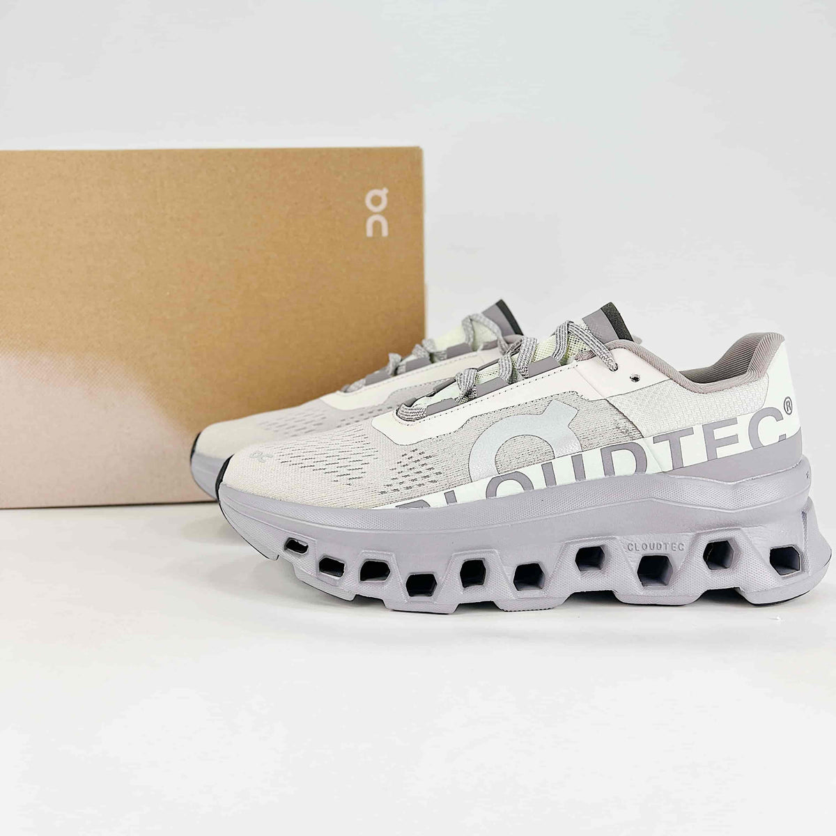 On Cloudmonster – Unisex Lightweight Breathable Supportive Maximum Cushioning Running Shoes | White & Lavender Gray