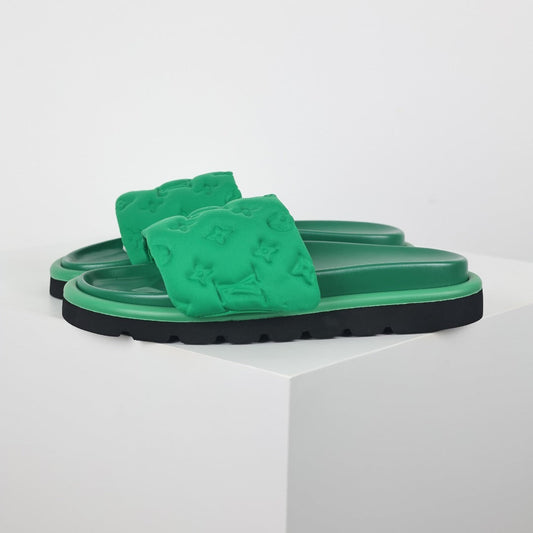 L***V Kelly Green Tonal Monogram Puffy Quilted Wide Strap Platform Slide Sandals — 2024 Spring Summer Boutique Limited Edition