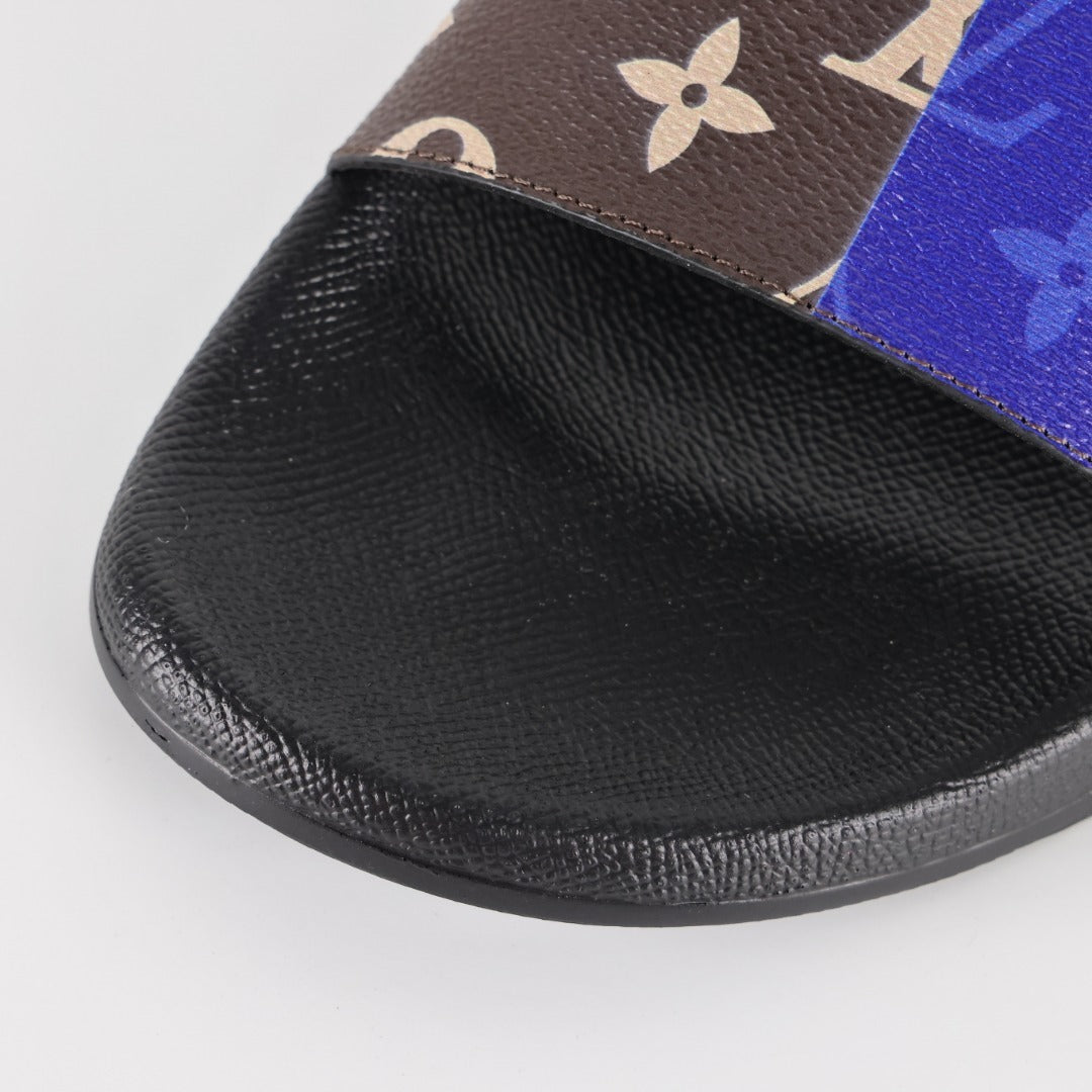 L***V Brown Monogram Cobalt Blue Split Colorblock Waterfront Wide Strap Slide Sandals — Spring Summer Boutique Limited Edition