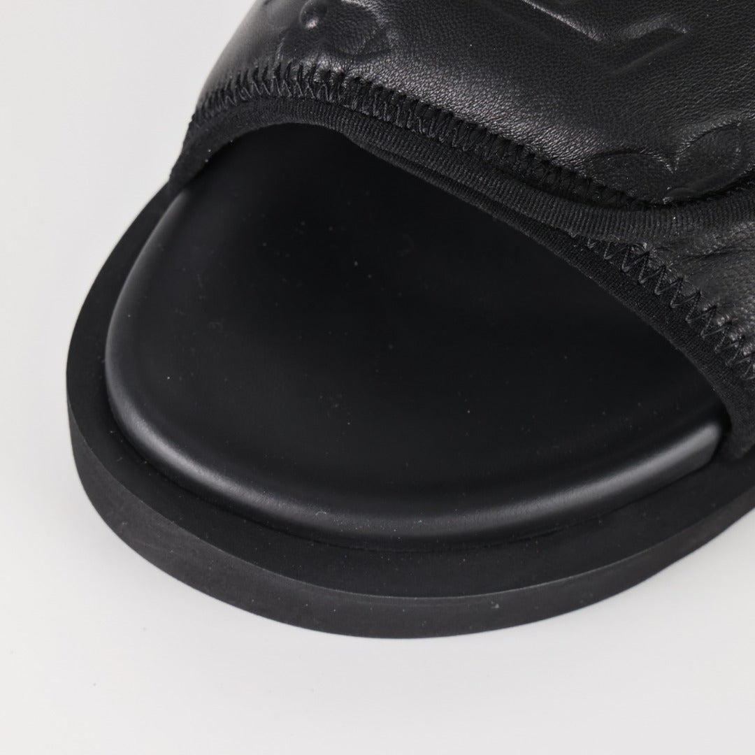 L***V All-Black Inflated Pillow Leather Velcro Adjustable Wide Strap Miami Slide Sandals — Spring Summer Boutique Limited Edition