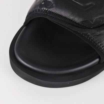 L***V All-Black Inflated Pillow Leather Velcro Adjustable Wide Strap Miami Slide Sandals — Spring Summer Boutique Limited Edition