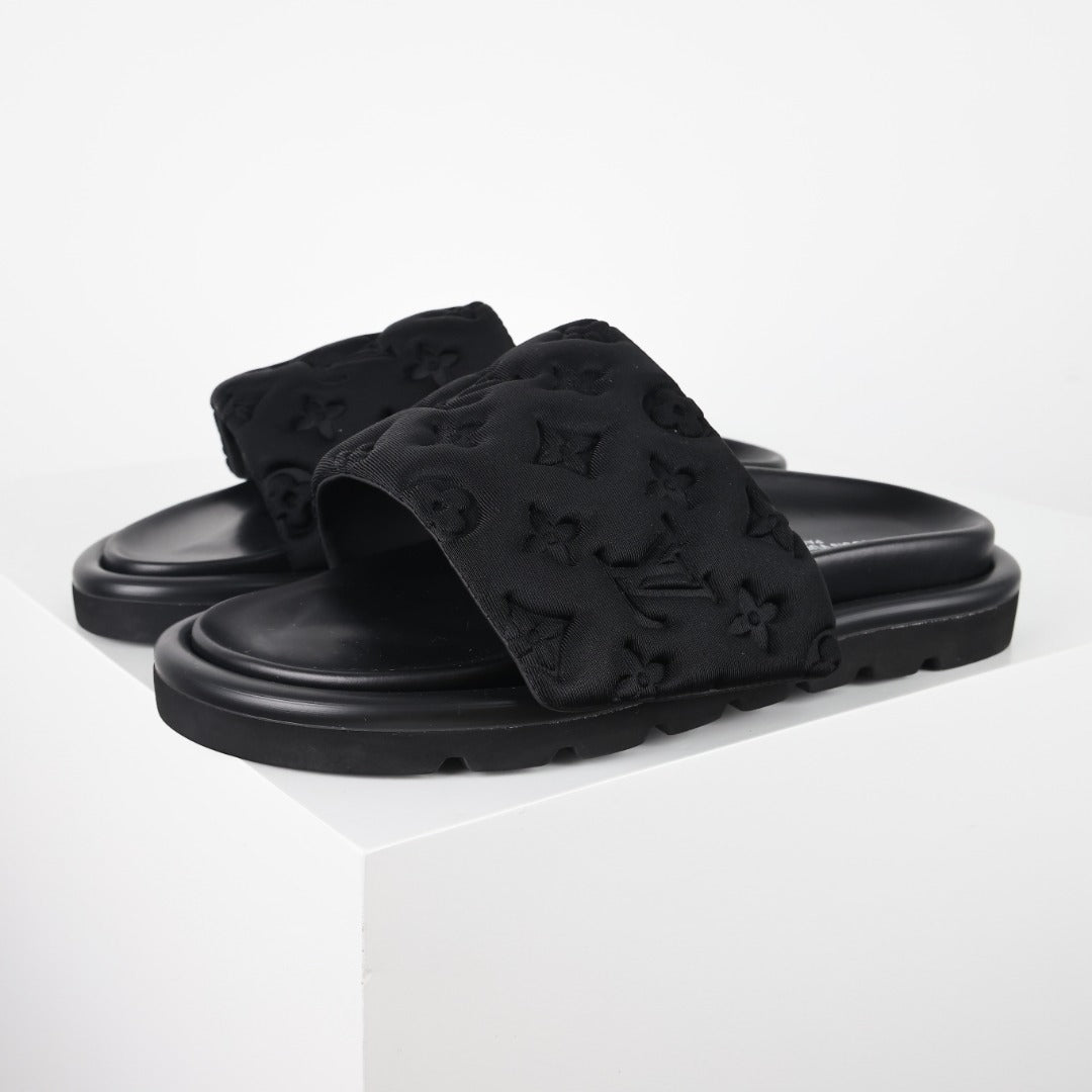 L***V All-Black Quilted Diamond Texture Wide Strap Slide Sandals — Spring Summer Boutique Limited Edition
