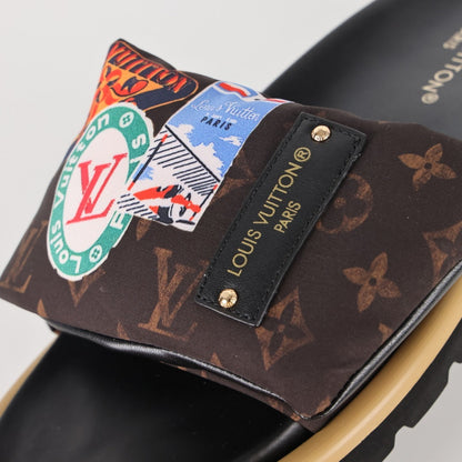L***V Classic Brown Monogram Multicolor Cartoon Graffiti Print Wide Strap Slip-On Slide Sandals — Spring Summer Boutique Limited Edition
