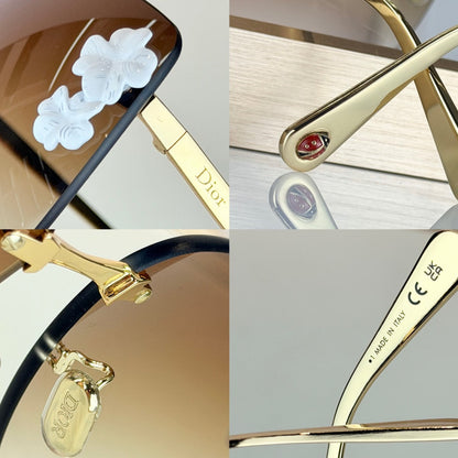 D**R Clover S1U Rimless Sunglasses | Gold Metal Frame, White Floral Detail & Brown Gradient Lenses