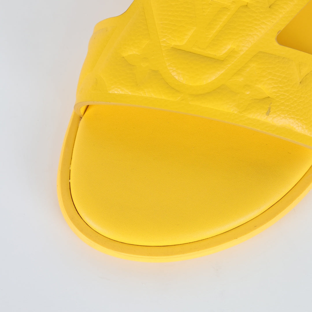 L***V Lemon Yellow Smooth Leather H-Strap Multi-Band Oasis Flat Slide Sandals — Spring Summer Boutique Limited Edition