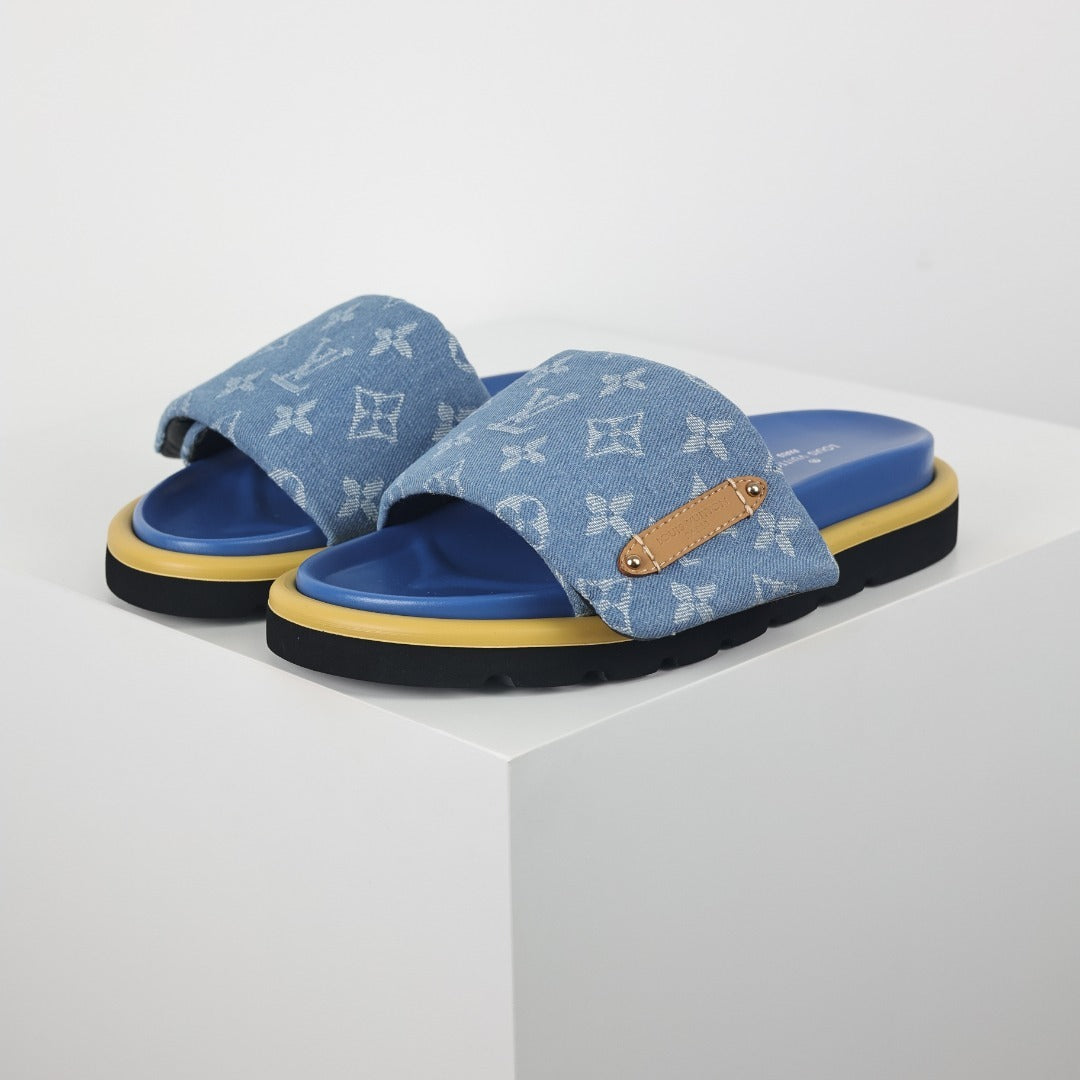 L***V Sky Blue Denim Monogram Gold Safety Pin Platform Slide Sandals — 2024 Spring Summer Boutique Limited Edition