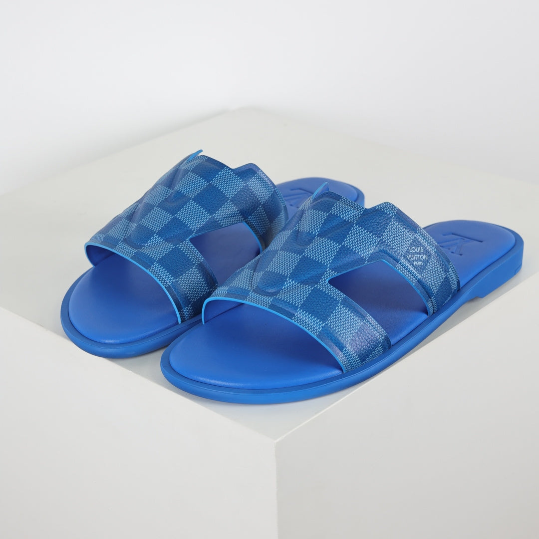 L***V Cobalt Blue Damier Embossed Leather H-Strap Multi-Band Oasis Flat Slide Sandals — Spring Summer Boutique Limited Edition