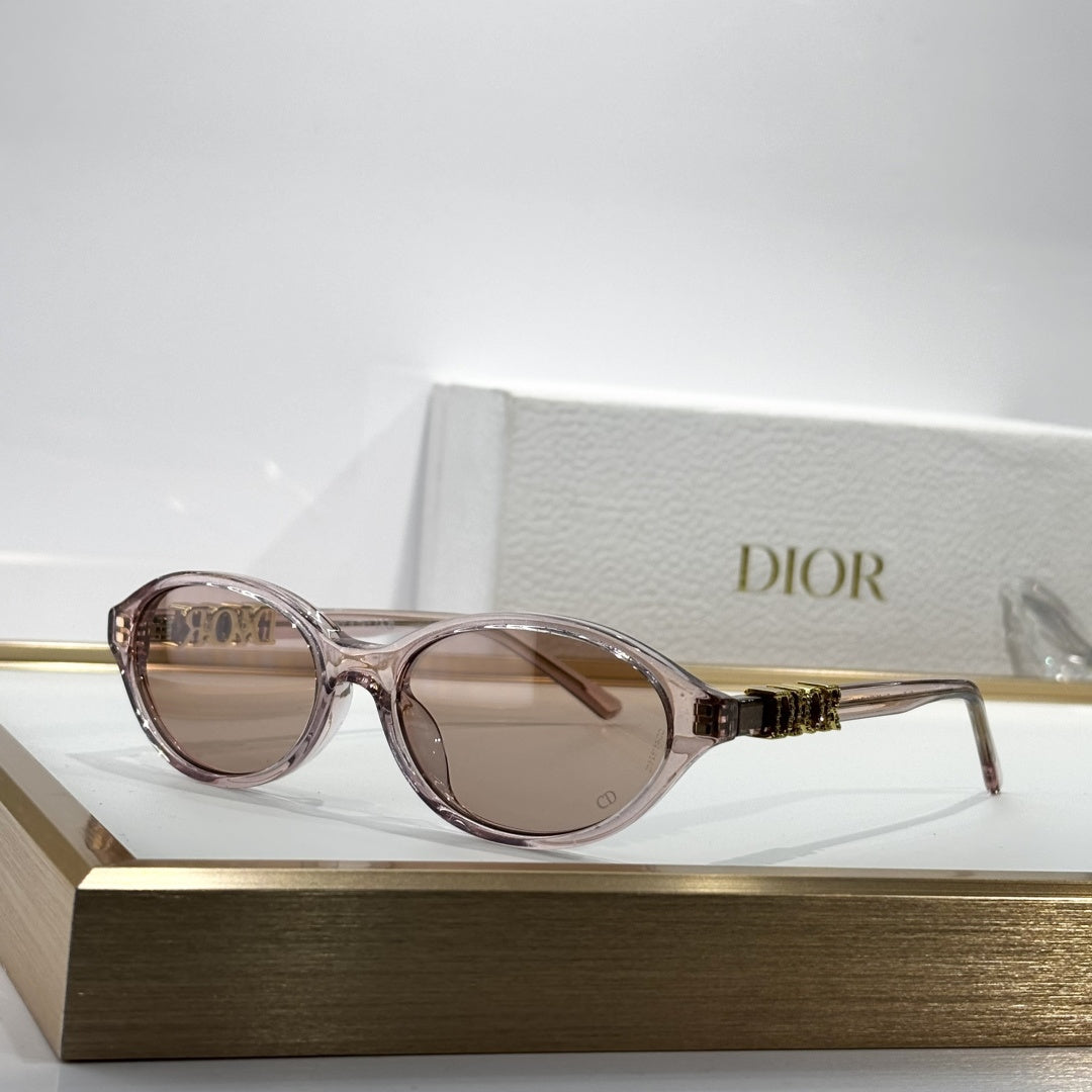 D**R Oval Cat-Eye Sunglasses | 6 Colors incl. Crystal Grey, Transparent Champagne & Black, 3D DIOR Letter Hinge in Gold or Crystal-Set, Flat Dark Lenses