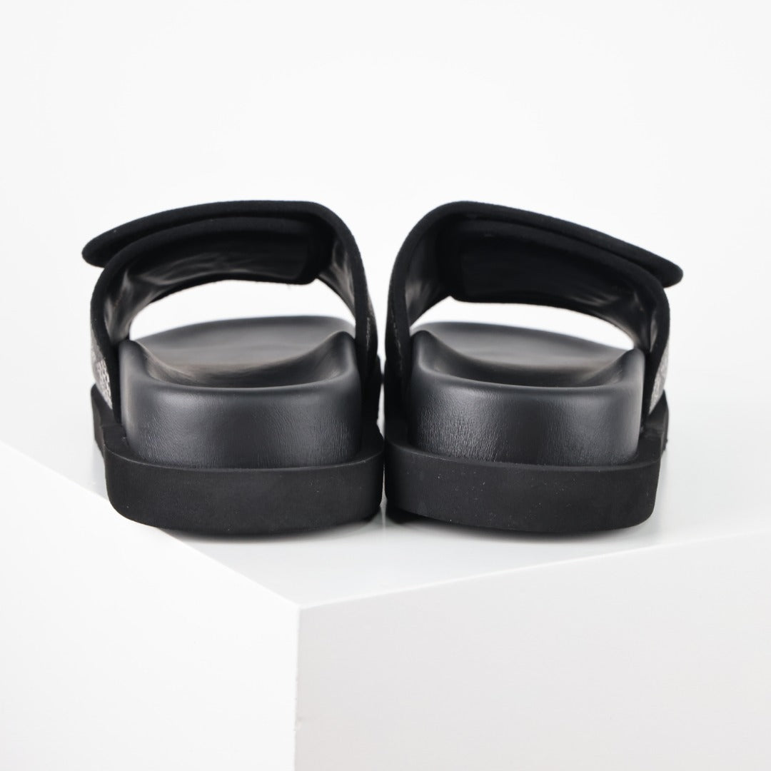 L***V Damier Graphite Black White Grey Woven Jacquard Velcro Adjustable Wide Strap Miami Slide Sandals — Spring Summer Boutique Limited Edition