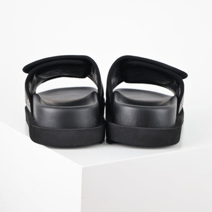 L***V Damier Graphite Black White Grey Woven Jacquard Velcro Adjustable Wide Strap Miami Slide Sandals — Spring Summer Boutique Limited Edition