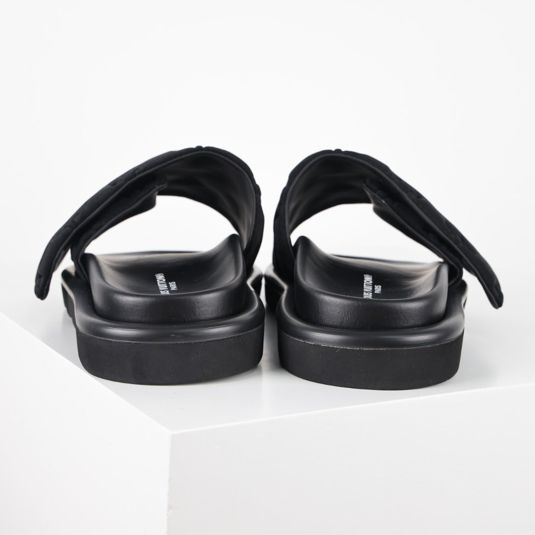 L***V All-Black Quilted Diamond Texture Wide Strap Slide Sandals — Spring Summer Boutique Limited Edition