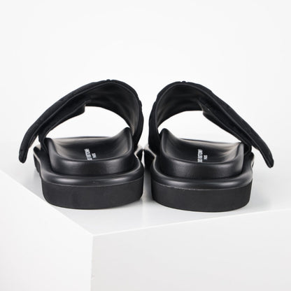L***V All-Black Quilted Diamond Texture Wide Strap Slide Sandals — Spring Summer Boutique Limited Edition