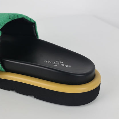 L***V Emerald Green Monogram Canvas Gold Bar Platform Slide Sandals — 2024 Spring Summer Boutique Limited Edition