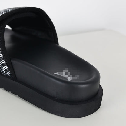 L***V Damier Graphite Black White Grey Woven Jacquard Pillow Slip-On Wide Strap Miami Slide Sandals — Spring Summer Boutique Limited Edition