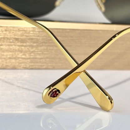 D**R Slim Rimless Rectangular Sunglasses with Dark Green Solid Lenses, Gold Metal Temples & Emerald Green Flower Cluster Embellishment