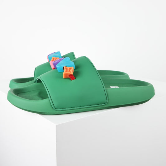 L***V Rubber Pool Slide Sandals — SS23 Limited Edition 3D Logo Charm Slip-On Beach Slippers (Emerald Green)
