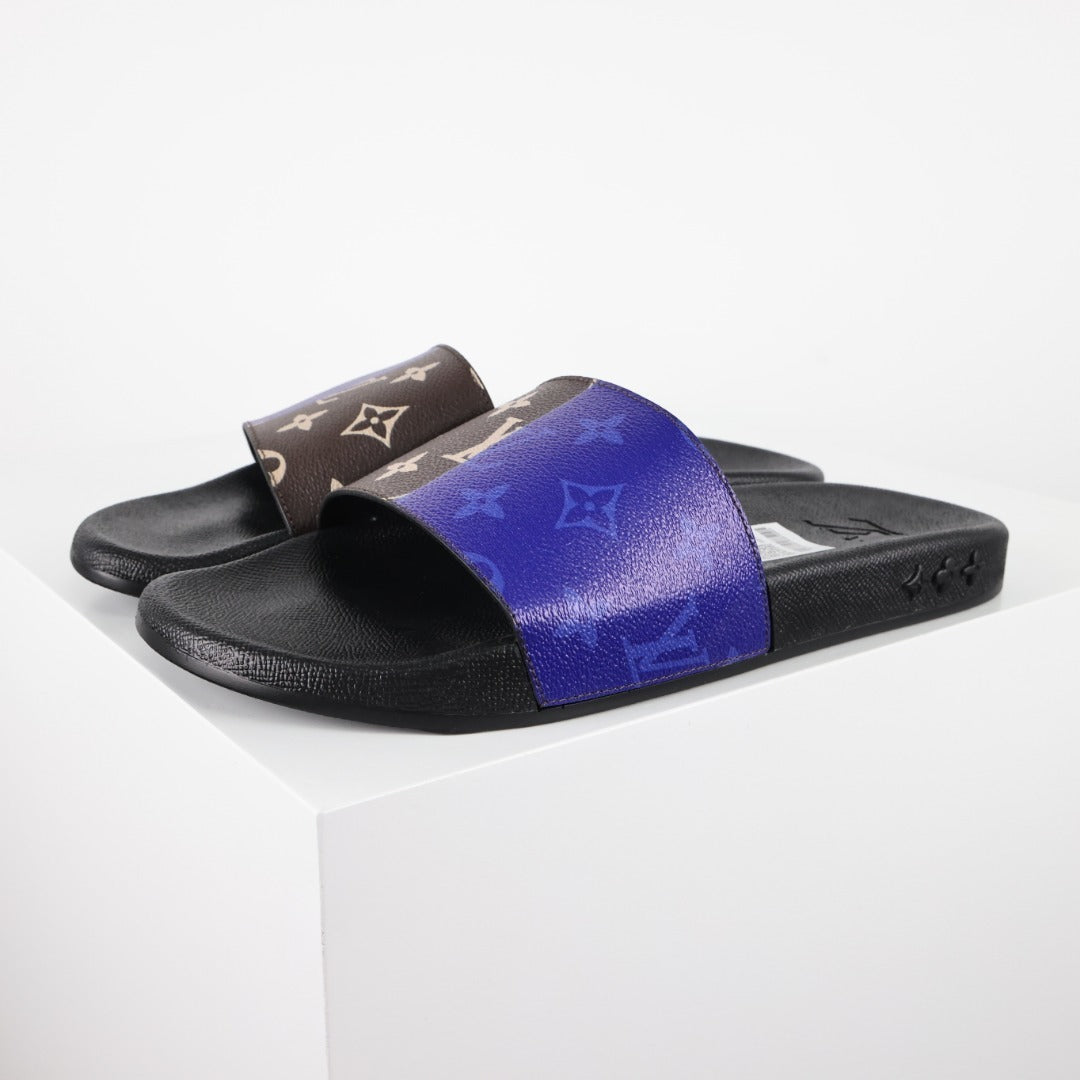L***V Brown Monogram Cobalt Blue Split Colorblock Waterfront Wide Strap Slide Sandals — Spring Summer Boutique Limited Edition