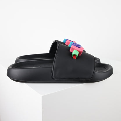 L***V Rubber Pool Slide Sandals — SS23 Limited Edition 3D Logo Charm Slip-On Beach Slippers (Black)