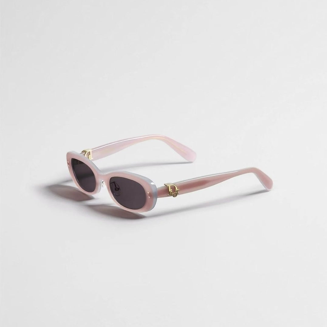 D**R Slim Narrow Oval Sunglasses with Glossy Black Acetate Frame, Dark Grey Lenses & Gold CD Hinge Hardware