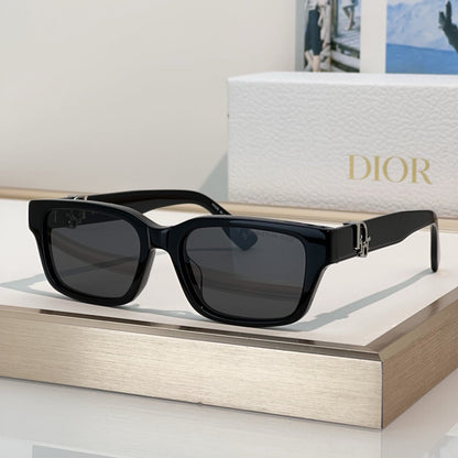 D**R Thick Square Sunglasses with Crystal Grey Transparent Frame, Navy Blue Lenses & Engraved CD Temple Hardware