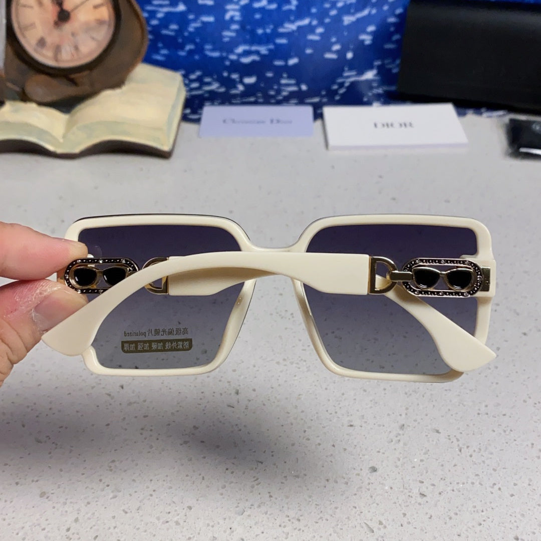 D**R Oversized Square Sunglasses | Cream White Frame, Gold CD Logo Temple & Purple-Grey Gradient Lenses