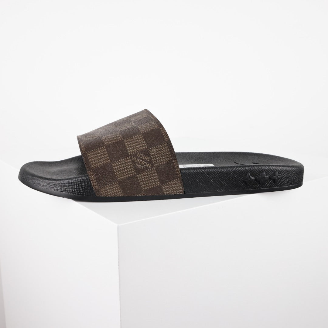 L***V Damier Ebene Waterfront Wide Strap Slide Sandals — Spring Summer Boutique Limited Edition