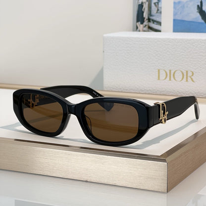 D**R Slim Rectangular Oval Sunglasses with Thick Glossy Black Acetate Frame, Dark Grey Lenses & Gold CD Script Logo Hardware
