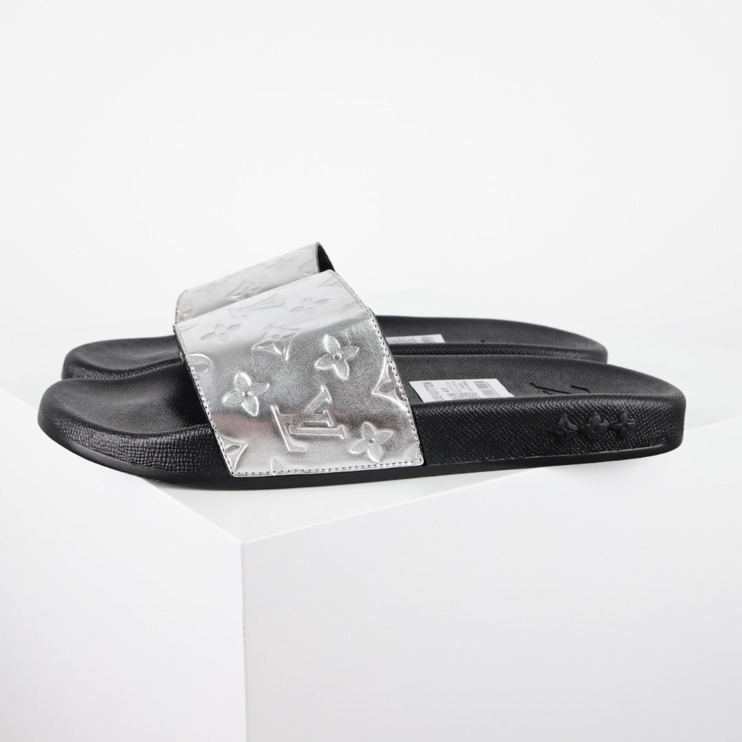 L***V Silver Mirror Metallic Embossed Monogram Waterfront Wide Strap Slide Sandals — Spring Summer Boutique Limited Edition