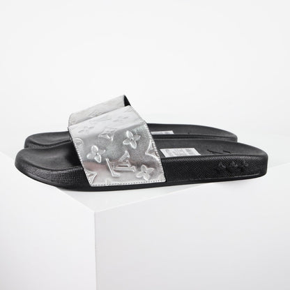 L***V Silver Mirror Metallic Embossed Monogram Waterfront Wide Strap Slide Sandals — Spring Summer Boutique Limited Edition