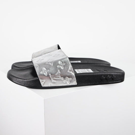 L***V Silver Mirror Metallic Embossed Monogram Waterfront Wide Strap Slide Sandals — Spring Summer Boutique Limited Edition