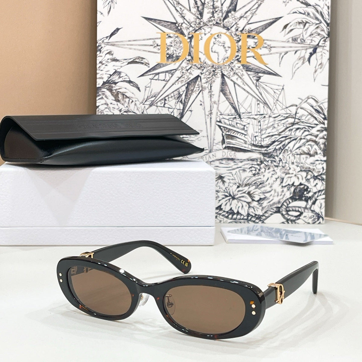D**R Slim Oval Sunglasses with Clear Transparent Acetate Frame, Forest Green Lenses & Gold Logo Hardware