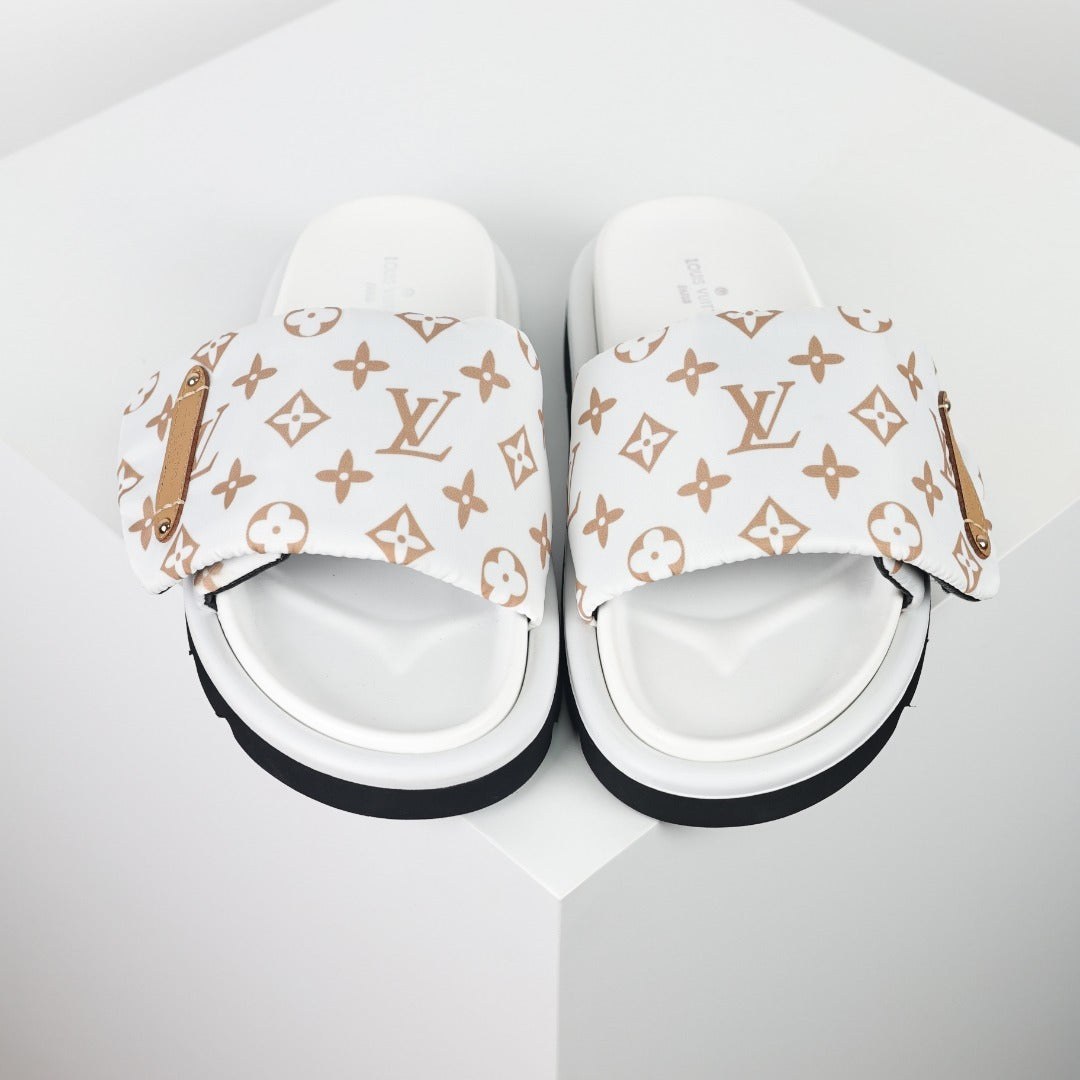 L***V White Giant Monogram Canvas Leather Trim Flat Slide Sandals — 2024 Spring Summer Boutique Limited Edition