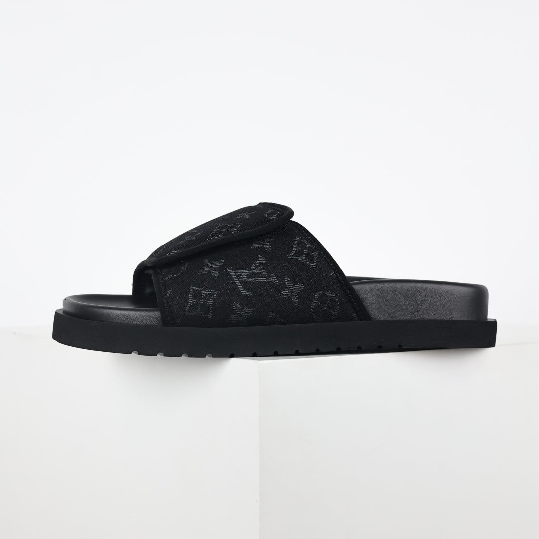 L***V All-Black Tonal Monogram Jacquard Twisted Bow Ruched Strap Miami Slide Sandals — Spring Summer Boutique Limited Edition