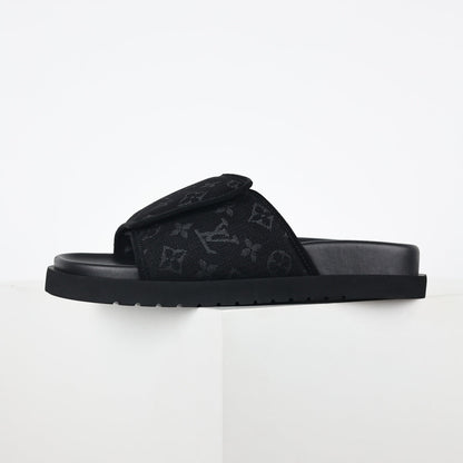 L***V All-Black Tonal Monogram Jacquard Twisted Bow Ruched Strap Miami Slide Sandals — Spring Summer Boutique Limited Edition