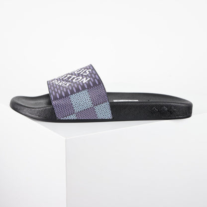 L***V Navy Blue Damier Jacquard LOUIS VUITTON PARIS Text Print Waterfront Wide Strap Slide Sandals — Spring Summer Boutique Limited Edition