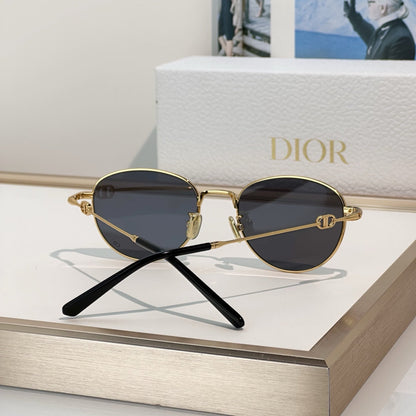 D**R Slim Round Sunglasses with Polished Gold Metal Wire Frame, Dark Grey Solid Lenses & CD Monogram Lens Detail