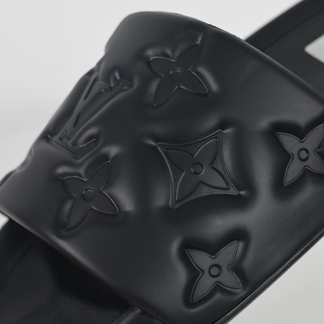 L***V All-Black Tonal Monogram Embossed EVA Waterfront Wide Strap Slide Sandals — Spring Summer Boutique Limited Edition