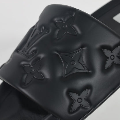 L***V All-Black Tonal Monogram Embossed EVA Waterfront Wide Strap Slide Sandals — Spring Summer Boutique Limited Edition