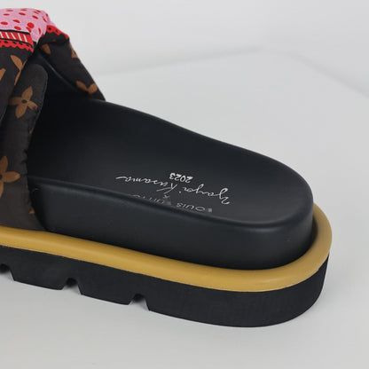 L***V Brown Monogram Graffiti Circle Print Wide Strap Platform Slide Sandals — Spring Summer Boutique Limited Edition